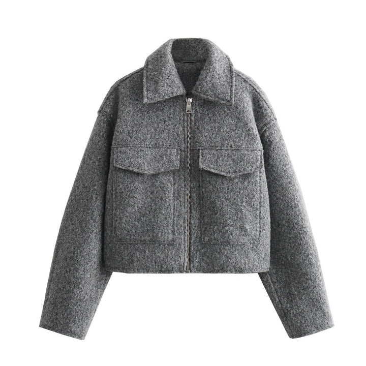 Women Short Boucle Jacket in Boxy Cut with Zip and Flap Pockets