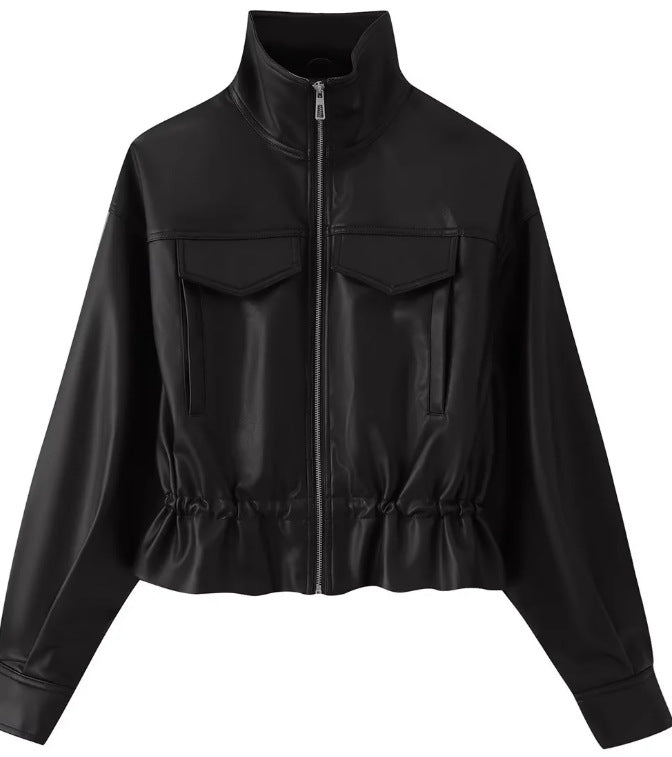 Women cropped faux leather jacket with stand collar, zip and tailored smocking