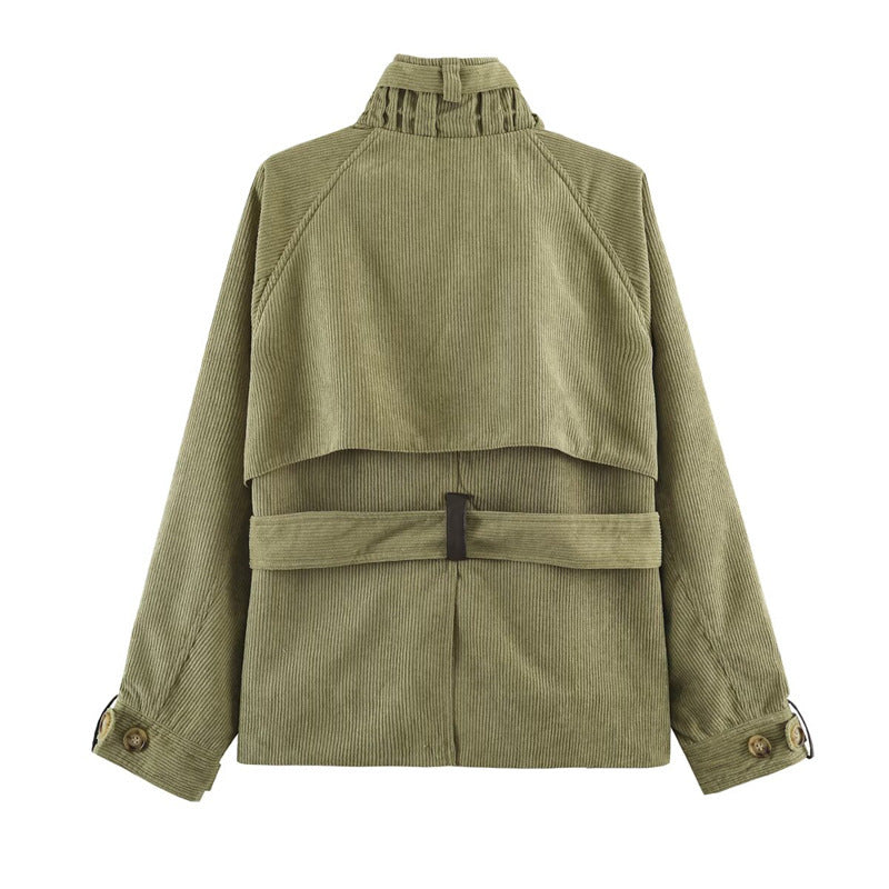 Women Short Cord Trench Coat with Waist Belt, Cape Detail and Stand Collar