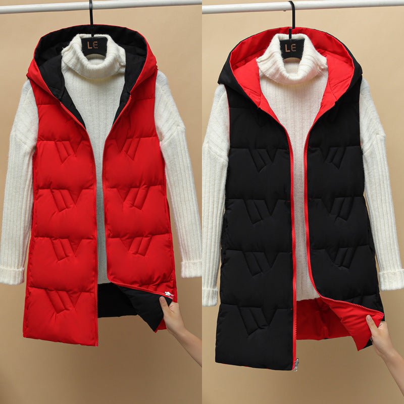 Women’s quilted long padded hooded vest with zip