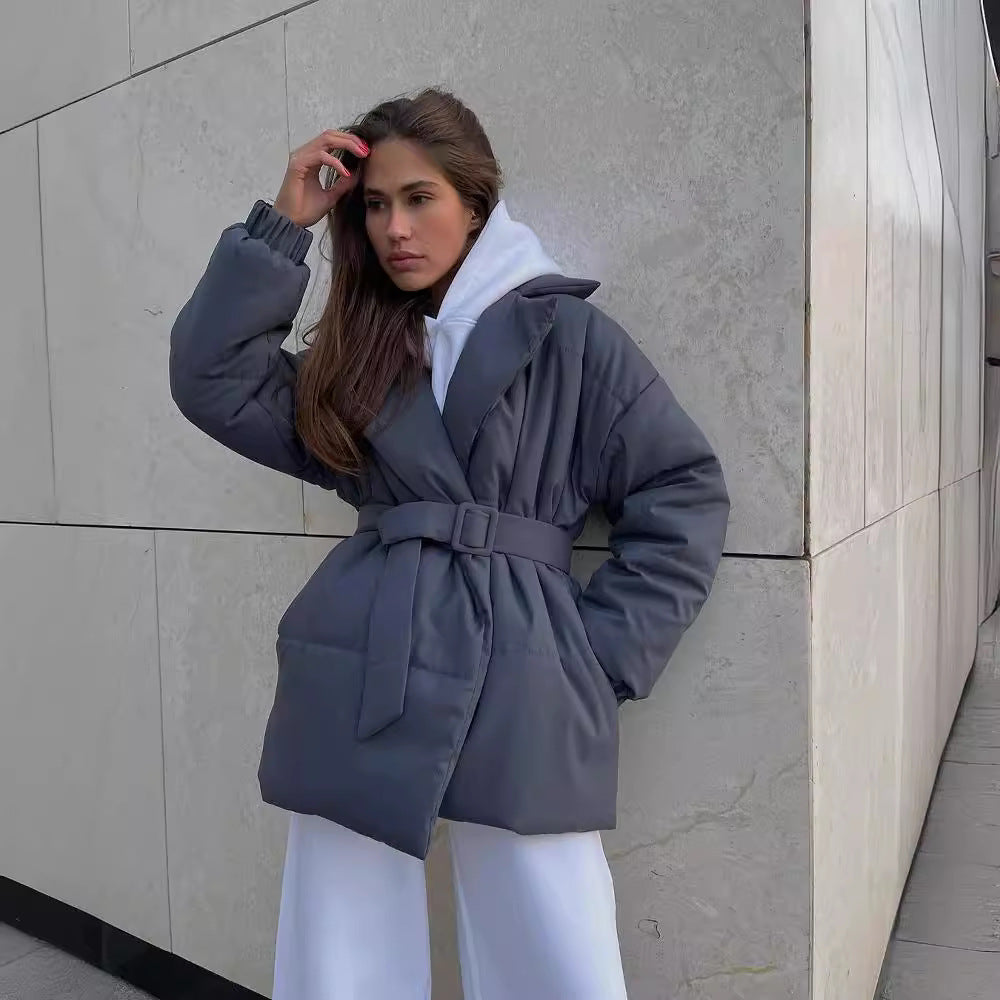 Women Padded Tailored Quilted Jacket with Belt and Hood