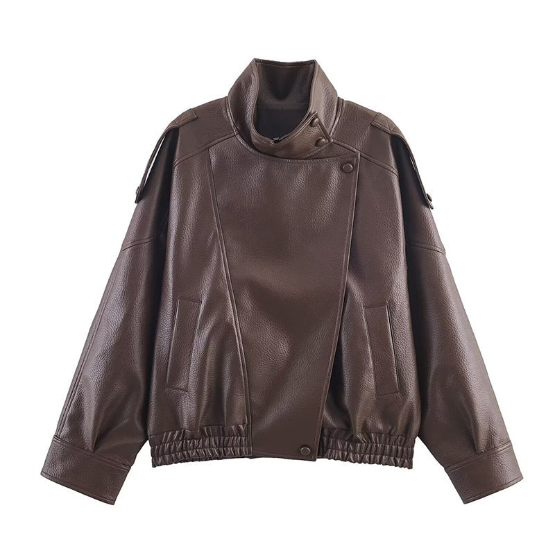 Ladies Oversize Biker Jacket made of Faux Leather with Stand-up Collar and Shoulder Flaps