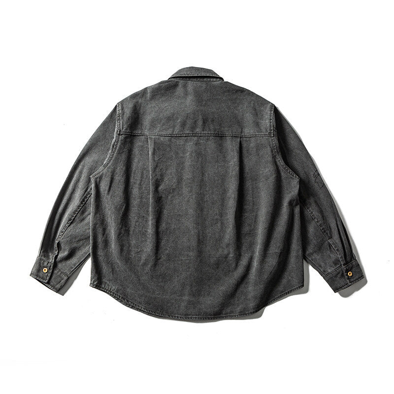 Unisex Oversized Shirt Jacket with Embroidered Leaf Motifs and Rounded Hem