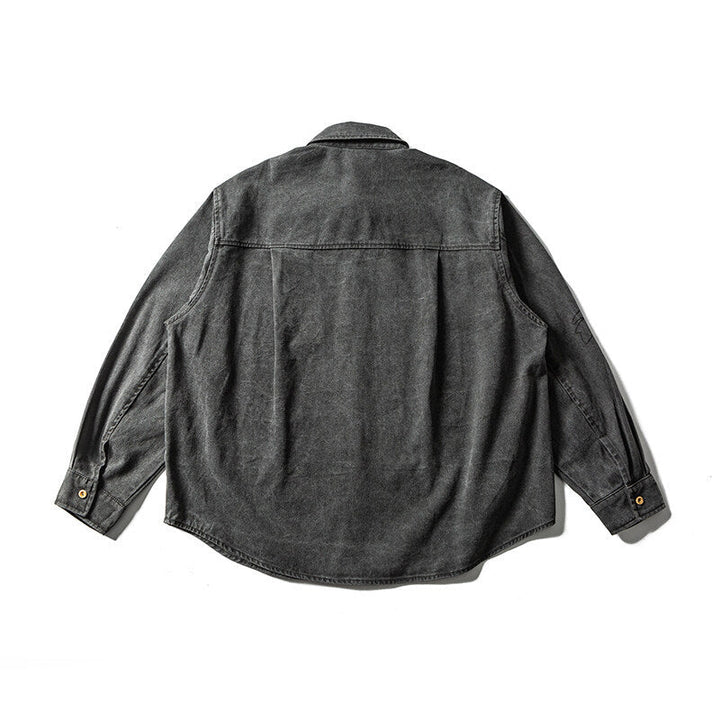 Unisex Oversized Shirt Jacket with Embroidered Leaf Motifs and Rounded Hem