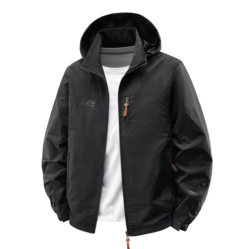 Men Packable Wind and Rain Jacket with Perforated Hood Lining, Chest Zip &amp; Drawstring