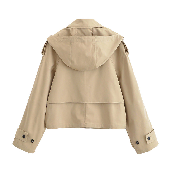 Women short jacket in trench coat style with double-breasted button placket and adjustable cuffs