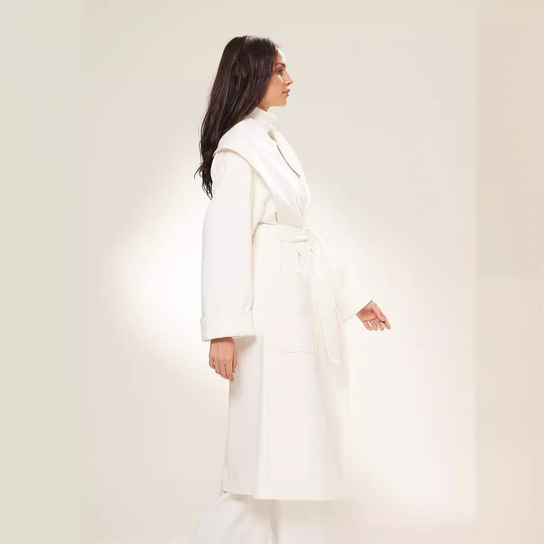 Women Long Oversized Wrap Coat with Generous Shawl Collar and Tie Belt