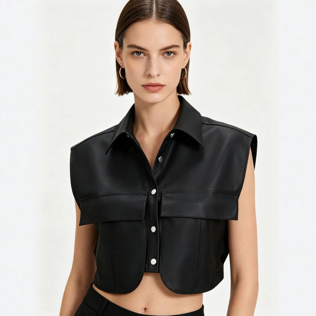 Women Short Sleeveless Faux Leather Vest with Oversized Shoulders