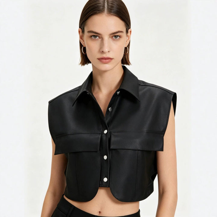 Women Short Sleeveless Faux Leather Vest with Oversized Shoulders