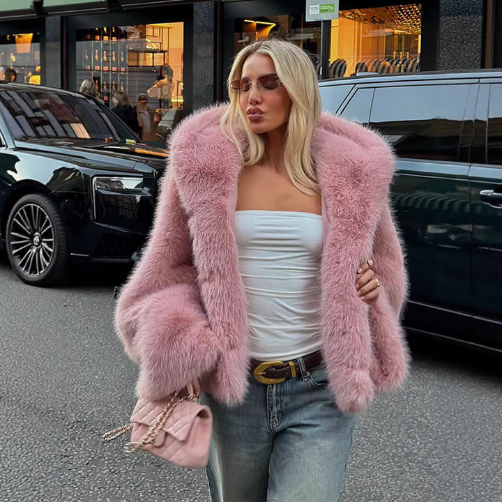 Women Short Jacket made of Faux Fur with Voluminous Shawl Collar and Oversize Silhouette