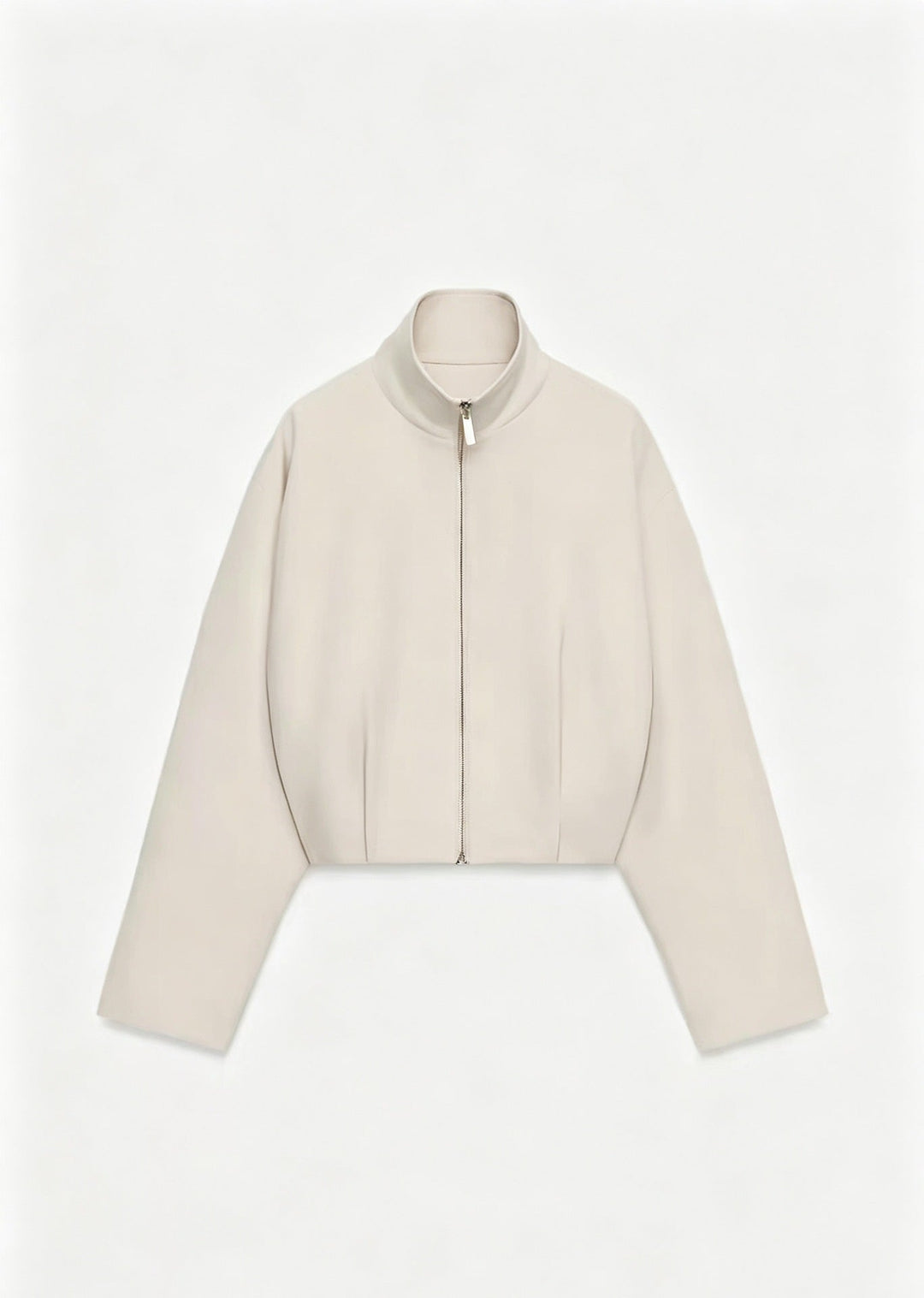 Women Short Boxy Jacket with Stand-up Collar and Visible Metal Zip