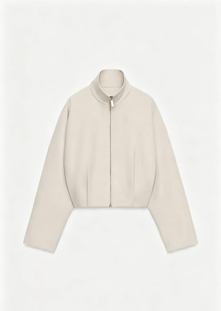 Women Short Boxy Jacket with Stand-up Collar and Visible Metal Zip