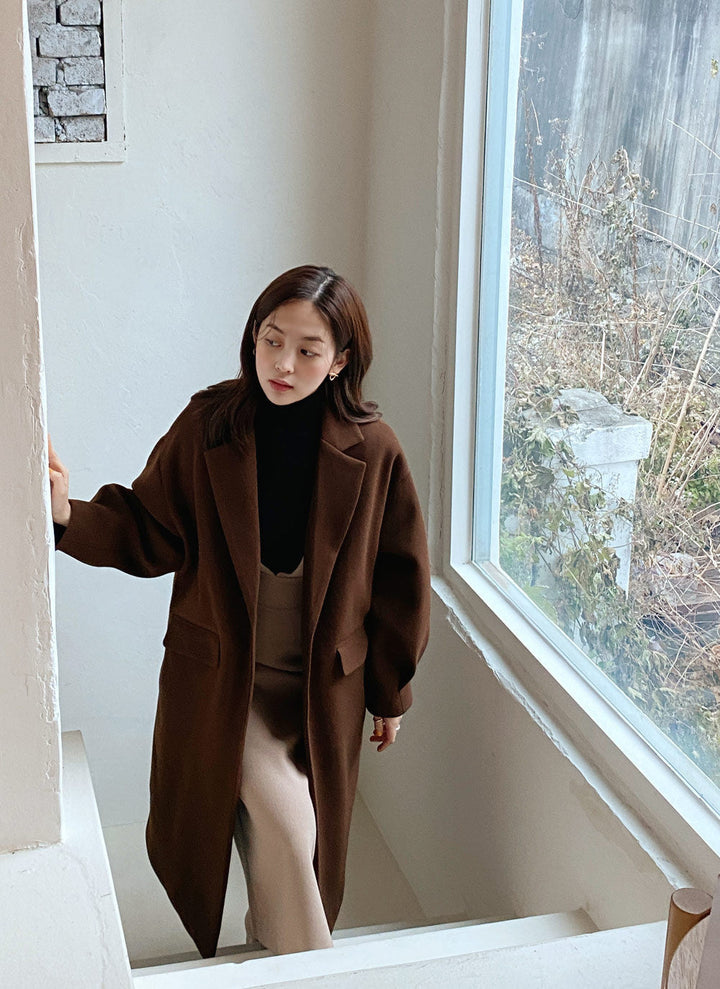 Women Longline Wool Blend Coat with boxy oversized fit and clean lapel