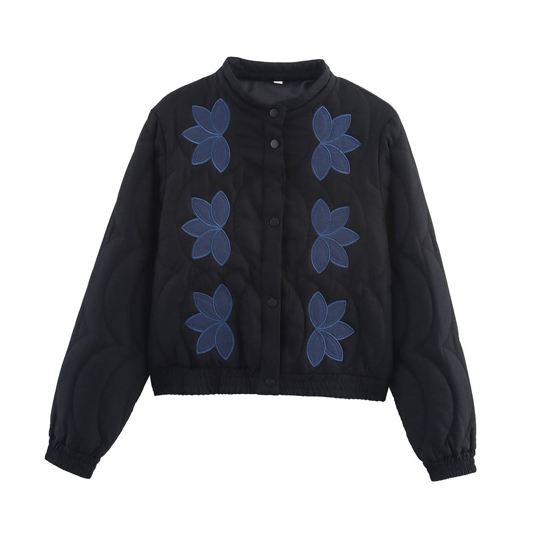 Women Short Quilted Blouson with Floral Quilted Application, Stand-up Collar and Elastic Waistband