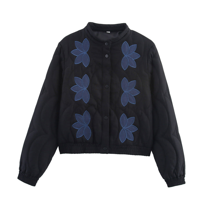 Women Short Quilted Blouson with Floral Quilted Application, Stand-up Collar and Elastic Waistband