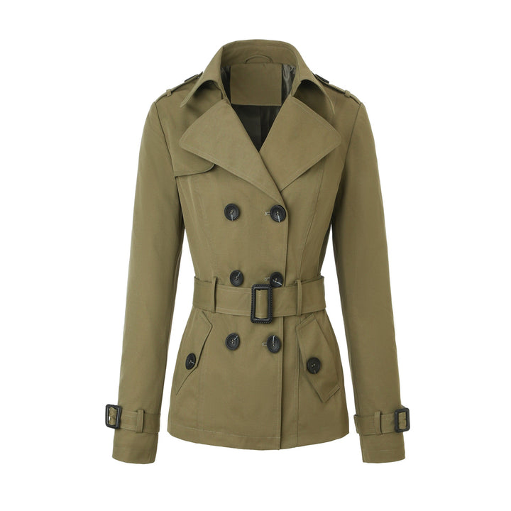 Women Short Tailored Double-breasted Trench Coat with Distinctive Belt Buckle