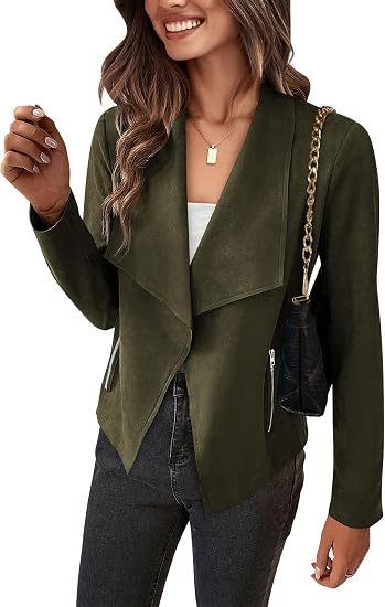 Women Faux Suede Waterfall Blazer with Asymmetrical Hem and Zip Pockets