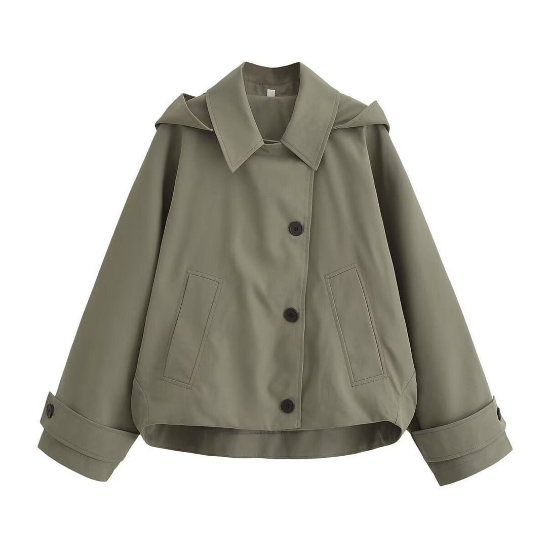 Women Short Oversized Trench Coat with Lapel Collar and Epaulettes