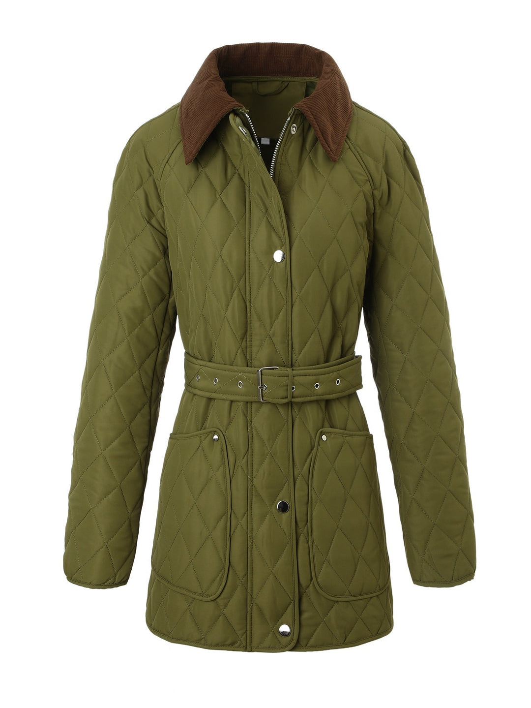 Women Long Padded Jacket-Coat with Tailored Belt and Contrast Cord Collar