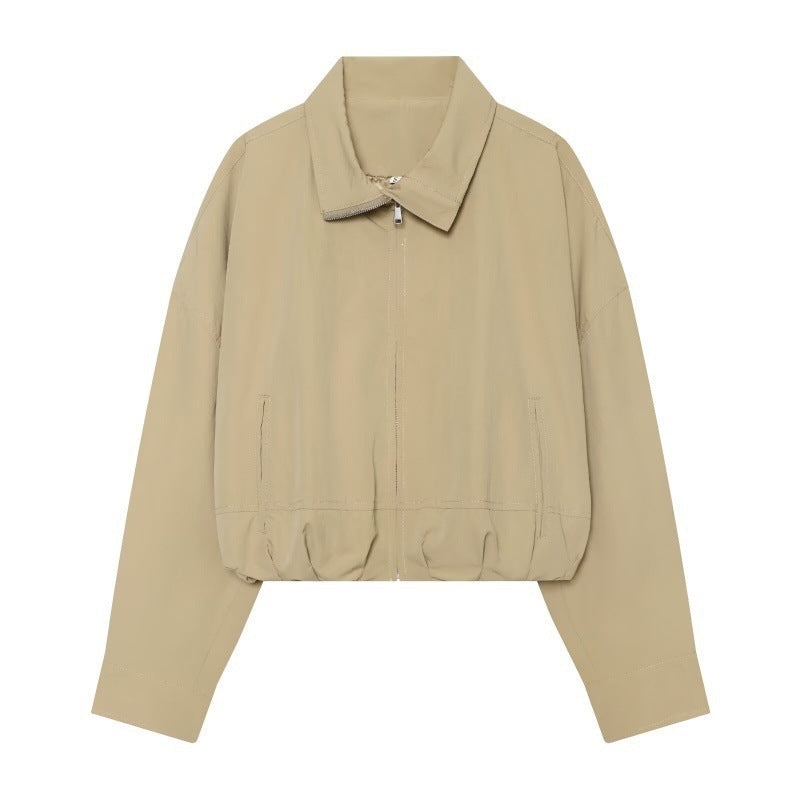 Women Cropped Boxy Jacket with Zip, Stand-Up Collar and Elastic Hem