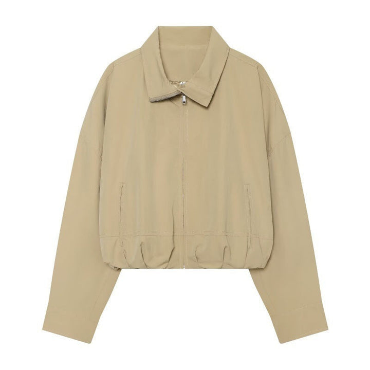 Women Cropped Boxy Jacket with Zip, Stand-Up Collar and Elastic Hem