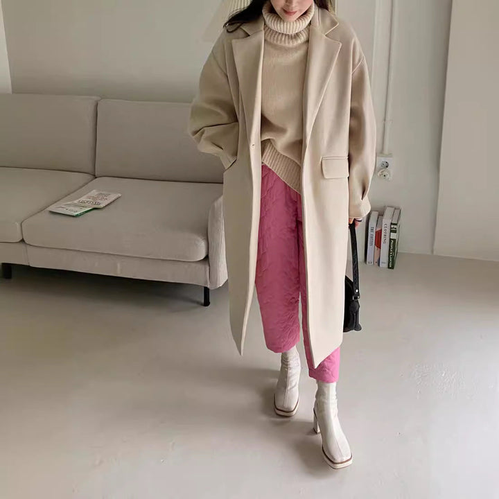 Women Longline Wool Blend Coat with boxy oversized fit and clean lapel