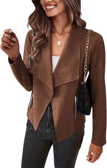 Women Faux Suede Waterfall Blazer with Asymmetrical Hem and Zip Pockets