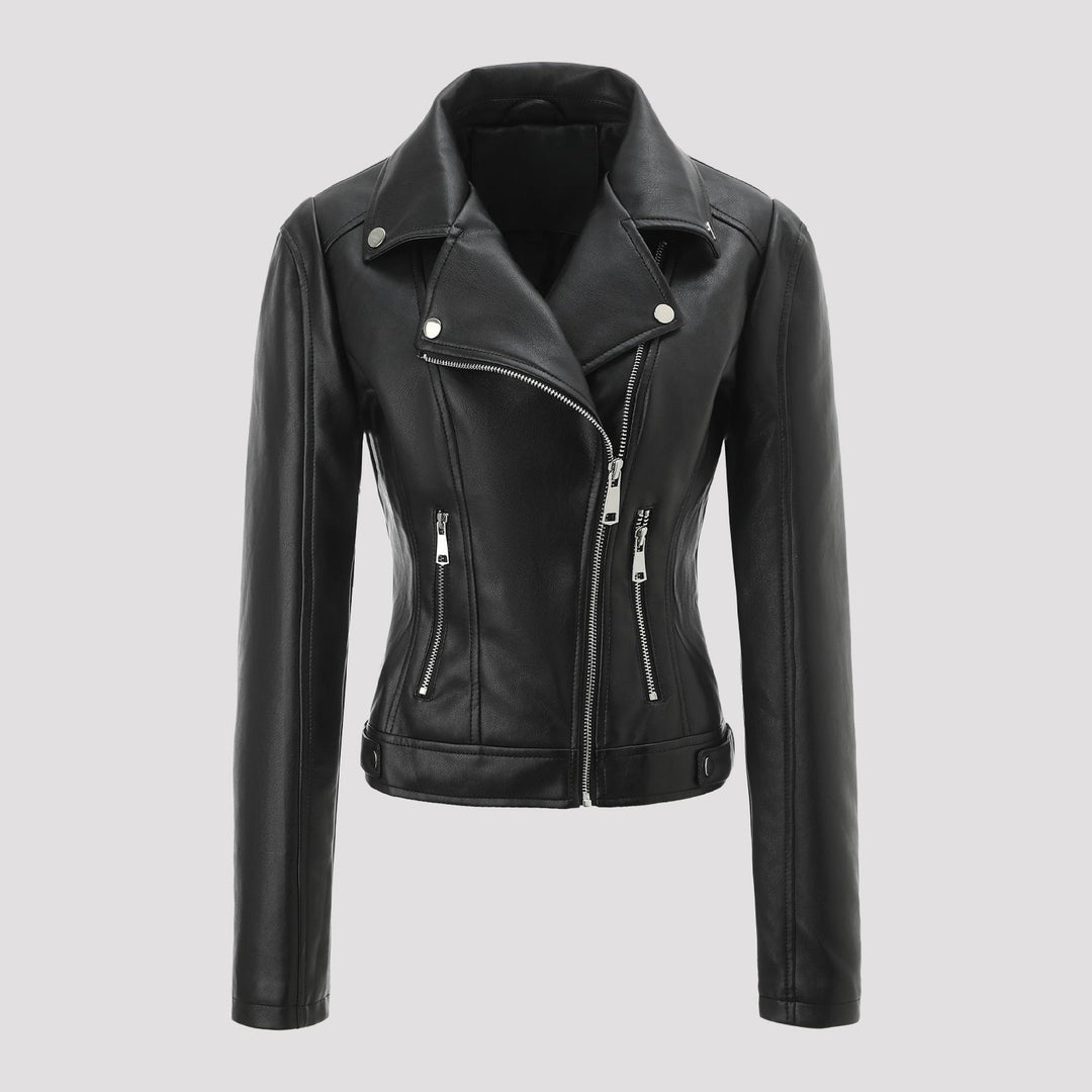 Women short fitted biker jacket made of Nappa leather with asymmetrical zip