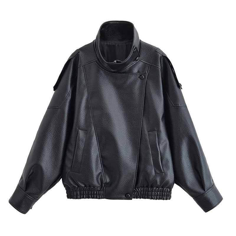 Ladies Oversize Biker Jacket made of Faux Leather with Stand-up Collar and Shoulder Flaps