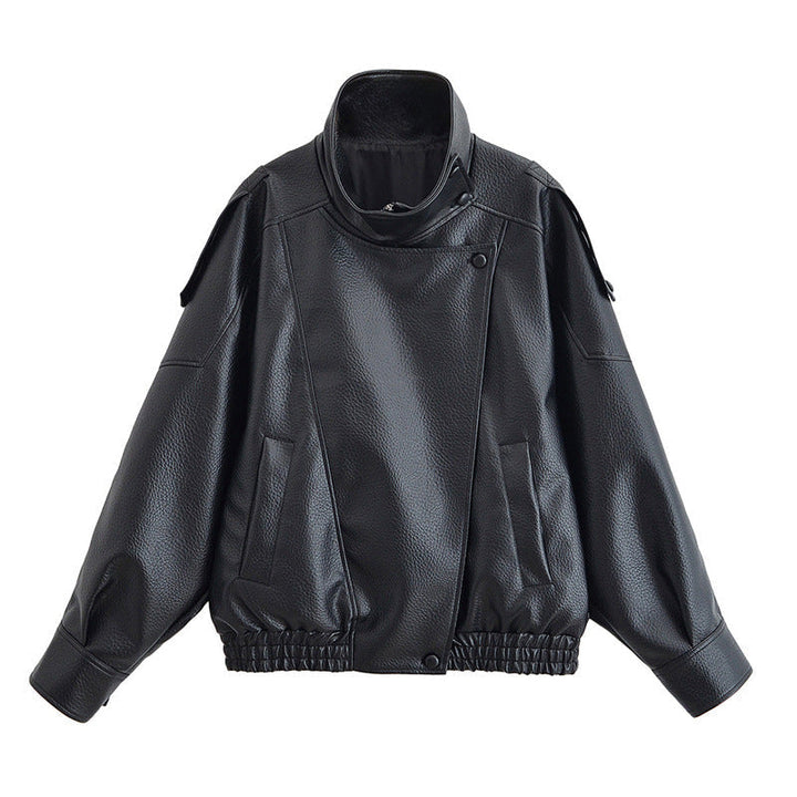 Ladies Oversize Biker Jacket made of Faux Leather with Stand-up Collar and Shoulder Flaps