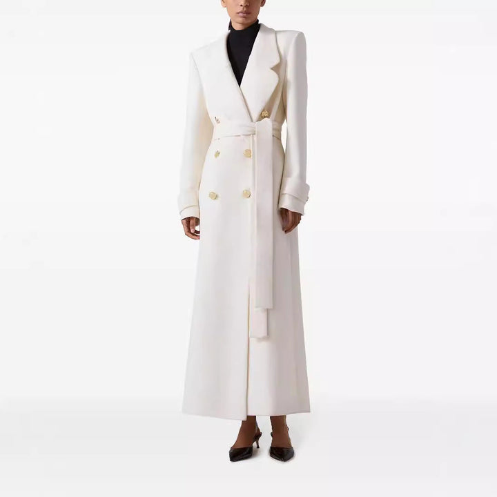 Women Long Double-Breasted Wool Coat with Waist Belt