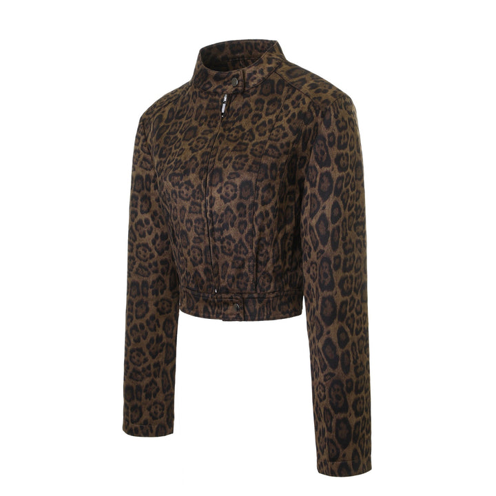 Women Short Jacket with Leopard Pattern and Stand-up Collar