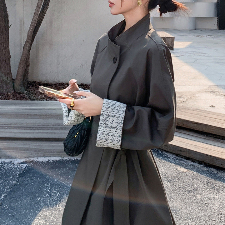 Women Elegant Trench Coat with Waist Belt and Contrast Sleeves