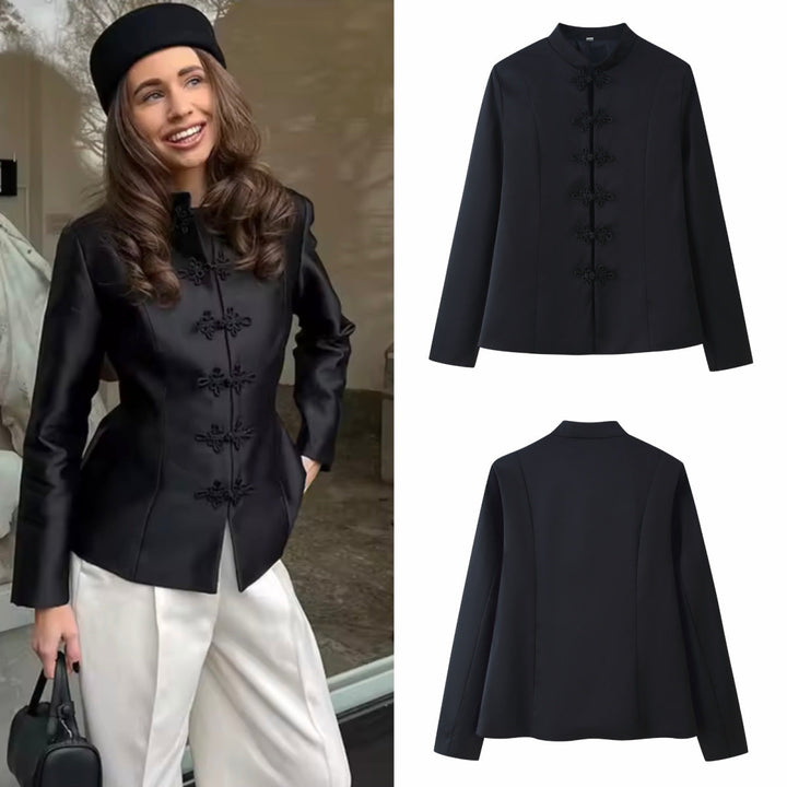 Women Chinese inspired jacket with stand-up collar and decorative knot closures