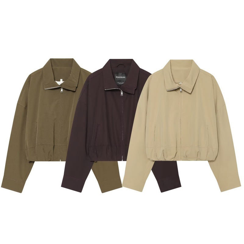 Women Cropped Boxy Jacket with Zip, Stand-Up Collar and Elastic Hem