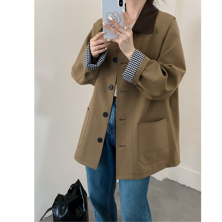 Women Oversized Short Jacket in Trench Style with Leather-Look Collar and Checked Cuffs