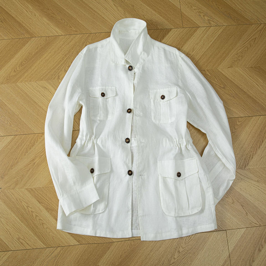 Ladies utility jacket made of linen blend with drawstring, patch pockets and shirt collar