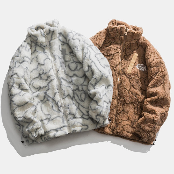 Women cosy teddy fleece jacket with stand-up collar and drawstring