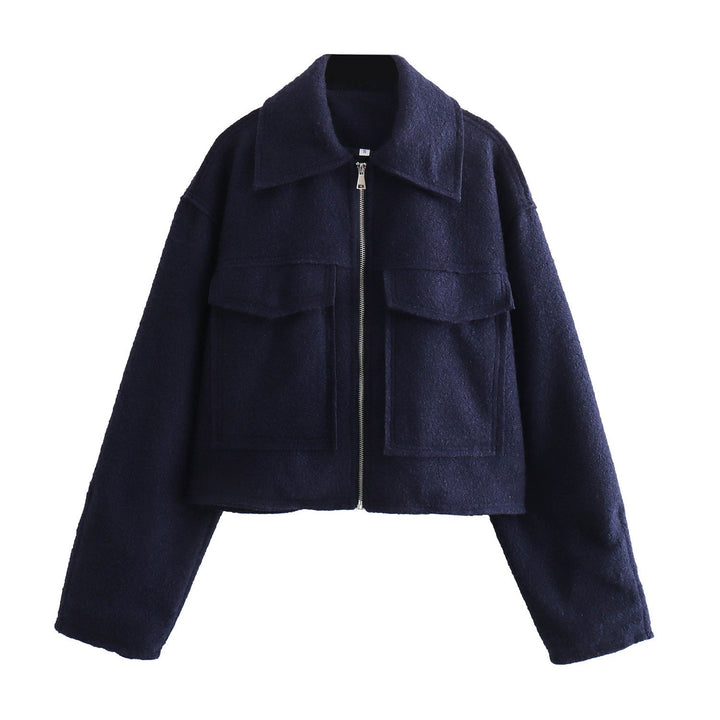Women Short Boucle Jacket in Boxy Cut with Zip and Flap Pockets