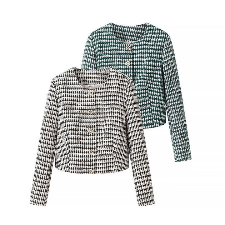 Women Tailored Boucle Short Blazer with Houndstooth Pattern and Decorative Buttons