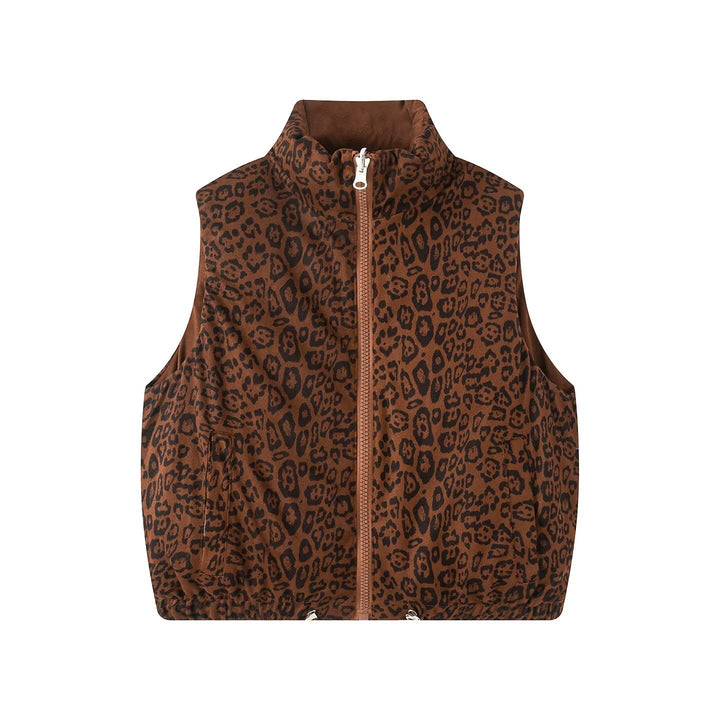 Women Padded Quilted Vest with High Stand-Up Collar and Leopard Print Lining