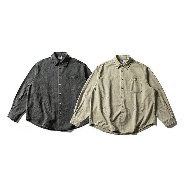 Unisex Oversized Shirt Jacket with Embroidered Leaf Motifs and Rounded Hem