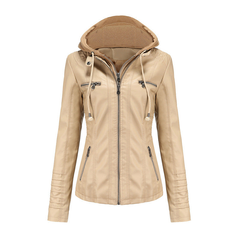 Women Tailored Faux Leather Jacket with Removable Hood and Zip
