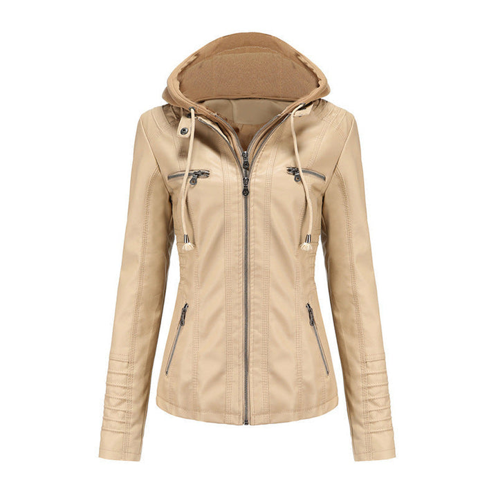 Women Tailored Faux Leather Jacket with Removable Hood and Zip
