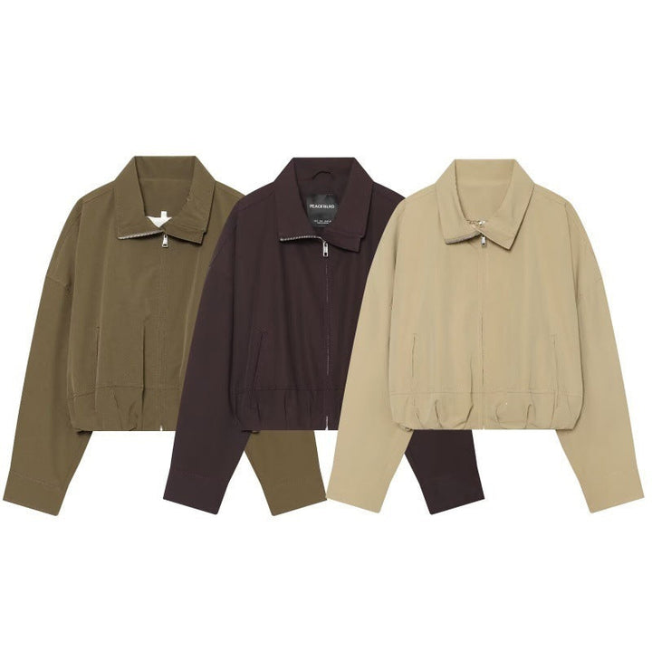 Women Cropped Boxy Jacket with Zip, Stand-Up Collar and Elastic Hem