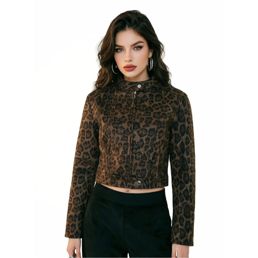 Women Short Jacket with Leopard Pattern and Stand-up Collar