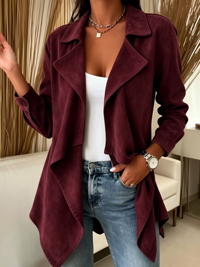 Women waterfall jacket made of faux suede with asymmetrical hem