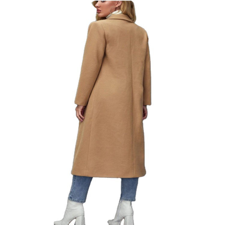 Women Maxilength Wool Blend Classic Coat with Minimalist Waist and Hidden Button Placket