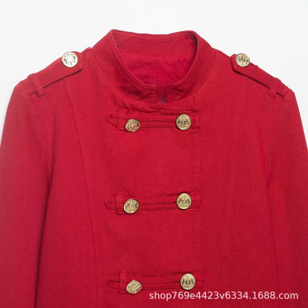 Women Short Military Jacket in Cropped Cut with Stand-up Collar and Golden Decorative Buttons