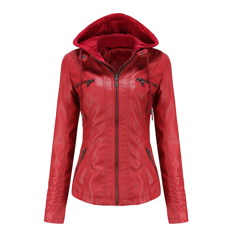 Women Tailored Faux Leather Jacket with Removable Hood and Zip
